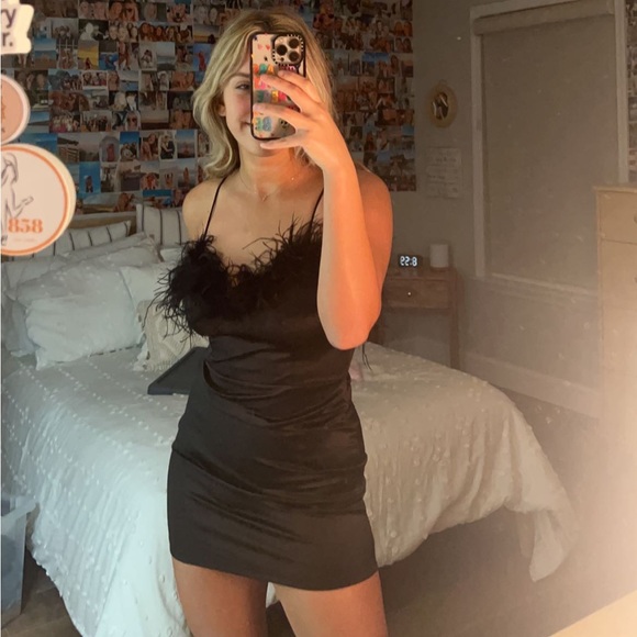 Black Satin Feather Slip Dress - Picture 4 of 4